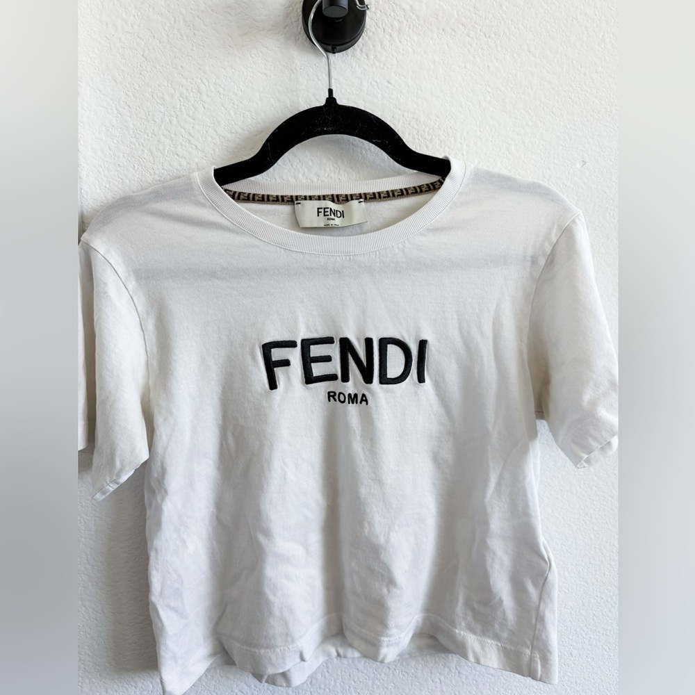 Fendi Women's White Logo Embroidered
Crewneck T-Shirt